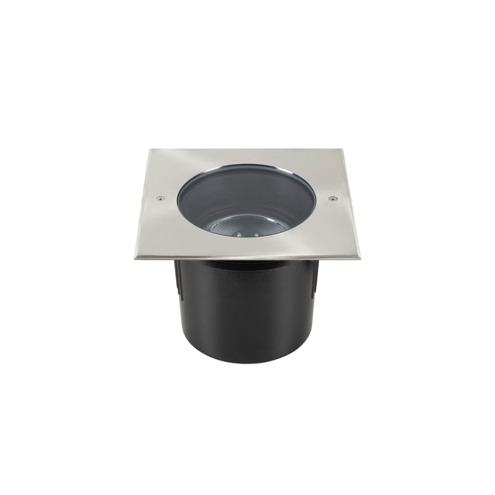 Stainless steel square in-ground light fixture, black housing.