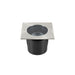 Stainless steel square in-ground light fixture, black housing.