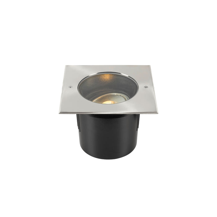 Stainless steel in-ground light, square trim, black housing, recessed mounting.