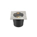 Stainless steel in-ground light, square trim, black housing, recessed mounting.