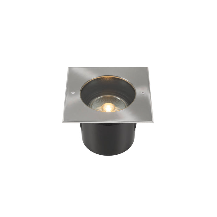 Stainless steel square in-ground light fixture with a black housing.