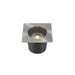 Stainless steel square in-ground light fixture with a black housing.