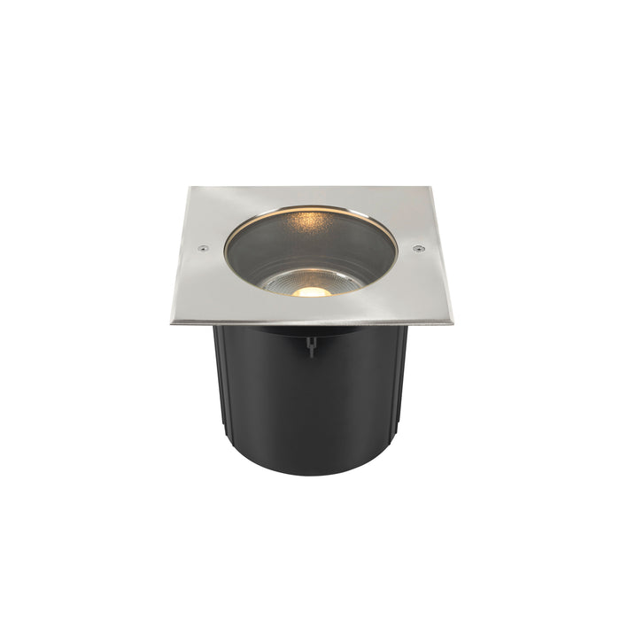 Stainless steel in-ground well light, square trim, black housing.