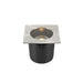 Stainless steel in-ground well light, square trim, black housing.