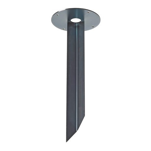 Gray steel ground spike with mounting plate.