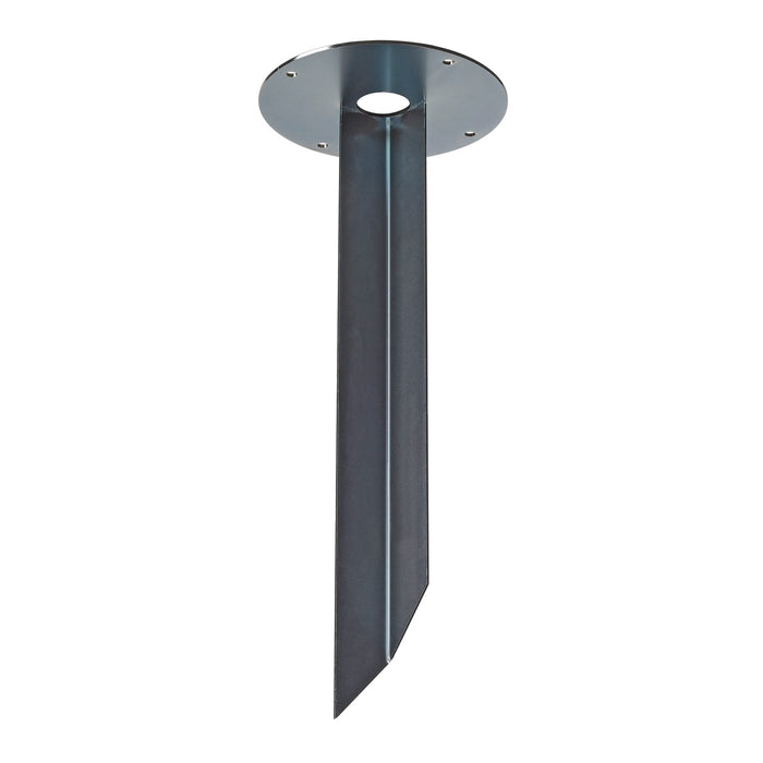 Gray steel ground spike with mounting plate.