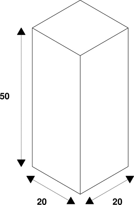 Technical drawing of a white rectangular prism with dimensions 20x20x50.