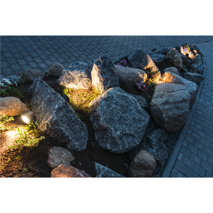 Outdoor landscape lighting illuminating gray granite rocks in a garden bed.