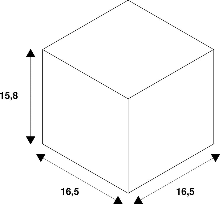 White cube diagram with dimensions 15.8 x 16.5 x 16.5.
