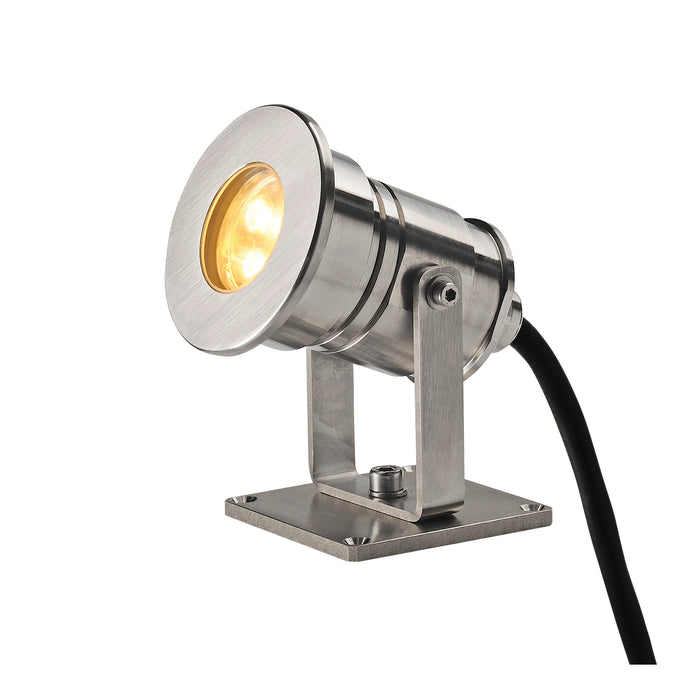 Stainless steel spotlight with brushed finish and surface mounting.