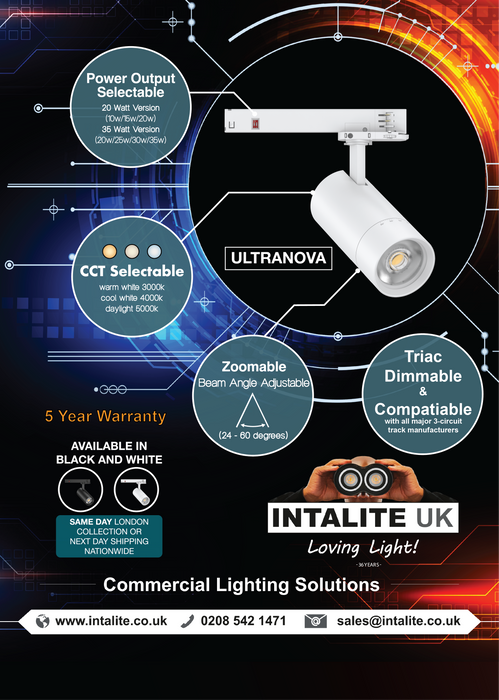 ULTRANOVA Tracklight 10/15/20W. 3000/4000/5000K 900-2050lm. 24-60 Deg. Black