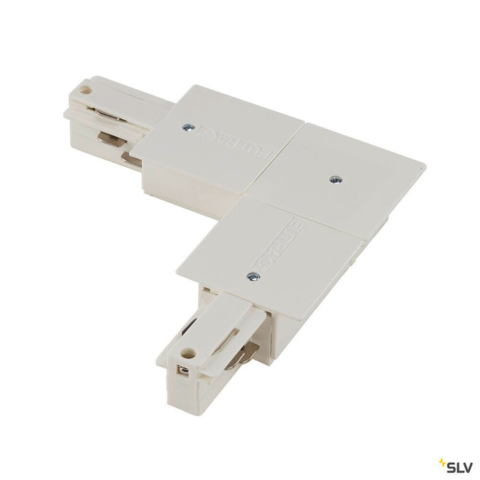EUTRAC L-connector, with feed-in capability, for 3-circuit recessed track, inner earth, traffic white