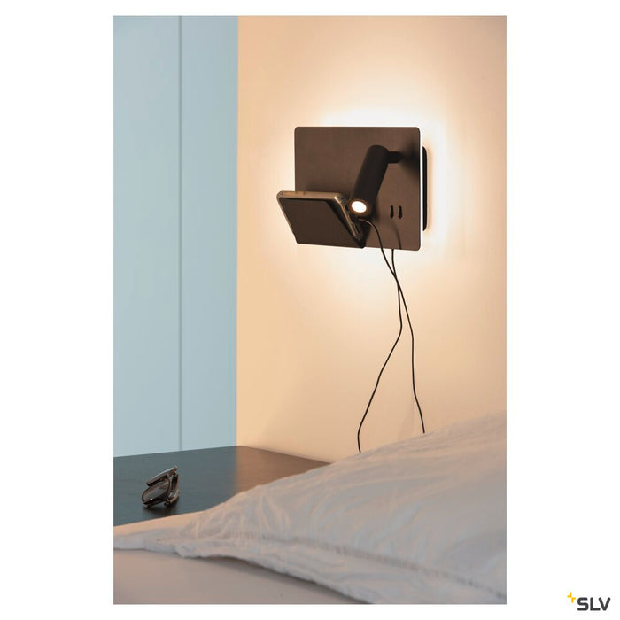 SOMNILA SPOT, indoor LED surface-mounted wall light 3000K black version left incl. USB connection