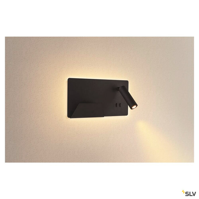 SOMNILA SPOT, indoor LED surface-mounted wall light 3000K black version left incl. USB connection