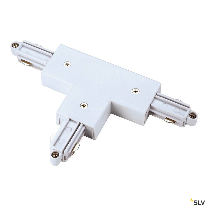 T-connector for 1-circuit track, surface-mounted, outer earth, left, white,