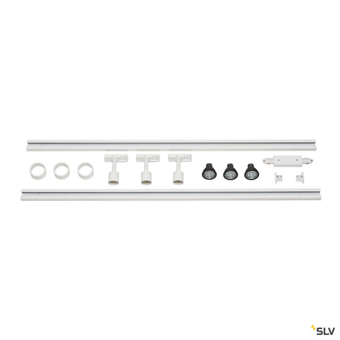 1-PHASE HIGH-VOLTAGE SET, triple-headed, white, incl. 2x1 m 240V track, 3x Puri lamp heads, long connectors, 2 end caps, 3x deco ring, 3x LED GU10 lamp
