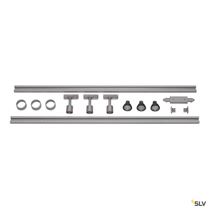 1-PHASE HIGH-VOLTAGE SET, triple-headed, silver-grey, incl. 2x1 m 240V track, 3x Puri lamp heads, long connectors, 2 end caps, 3x deco ring, 3x LED GU10 lamp