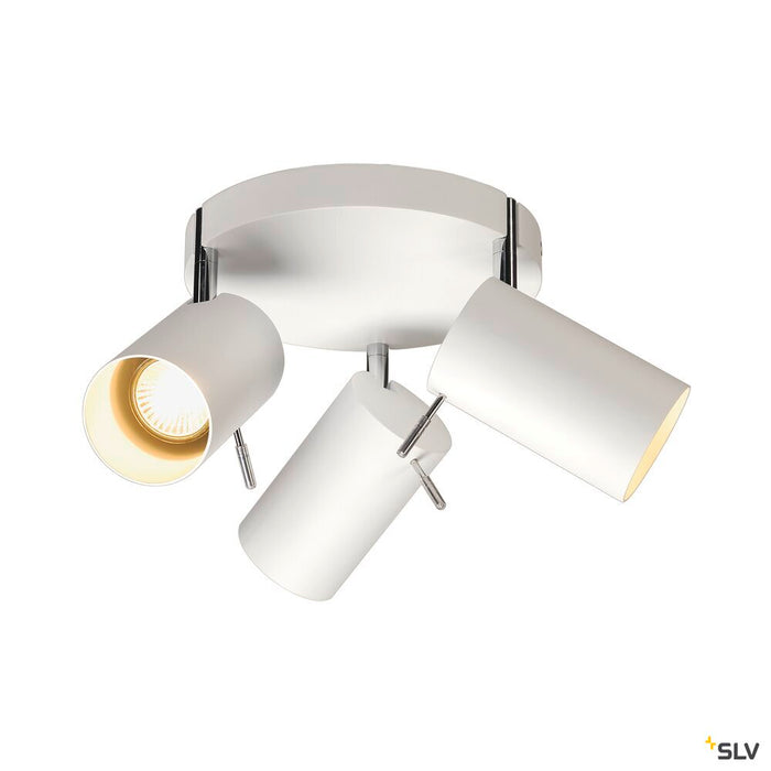ASTO TUBE 3 wall and ceiling light, triple-headed, QPAR51, round canopy, white, max. 225 W
