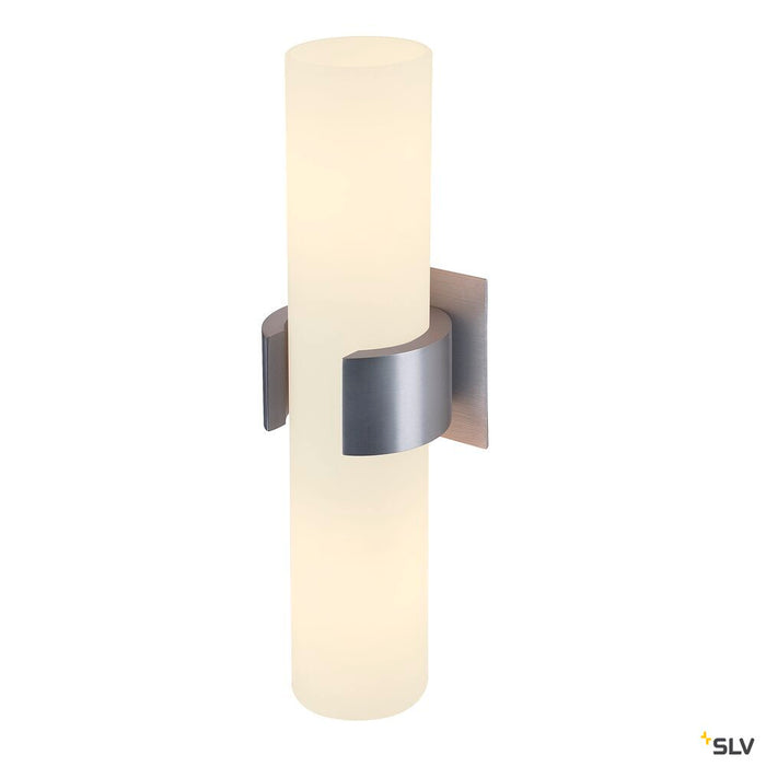 DENA 2 wall light, double-headed, A60, brushed aluminium, L/W/H 10/8/30, glass partially frosted, max. 80W
