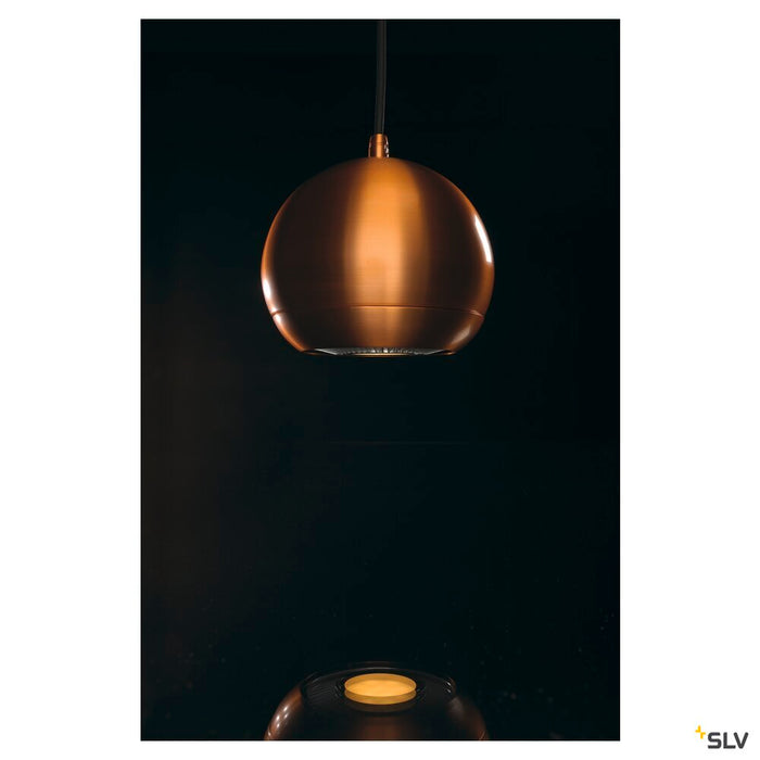 LIGHT EYE, pendant, QPAR111, brushed copper, black textile cable, brushed copper ceiling plate, max. 75W
