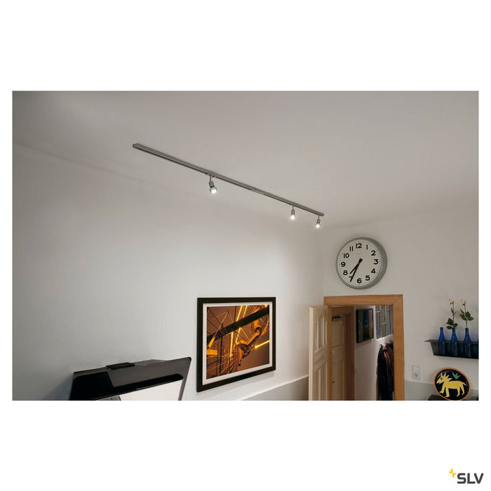 1-PHASE HIGH-VOLTAGE SET, triple-headed, silver-grey, incl. 2x1 m 240V track, 3x Puri lamp heads, long connectors, 2 end caps, 3x deco ring, 3x LED GU10 lamp