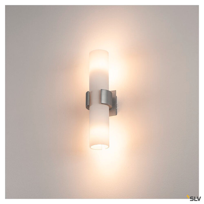 DENA 2 wall light, double-headed, A60, brushed aluminium, L/W/H 10/8/30, glass partially frosted, max. 80W